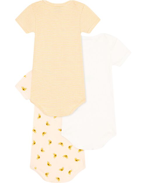 Petit Bateau Short Sleeve Bodysuit - Pack of 3 - White and Yellow Koala and Stripes - 100% Organic Cotton Short Sleeves Bodies