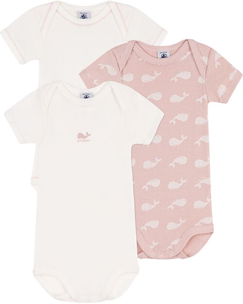 Petit Bateau Short Sleeve Bodysuit - Pack of 3 - White/Pink with Whales - 100% Organic Cotton Short Sleeves Bodies