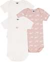 Petit Bateau Short Sleeve Bodysuit - Pack of 3 - White/Pink with Whales - 100% Organic Cotton Short Sleeves Bodies
