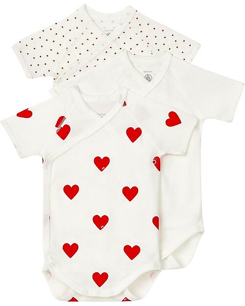 Petit Bateau Short Sleeve Kimono Bodysuit - 3 Pack - Hearts - 100% Organic Cotton Short Sleeves Bodies