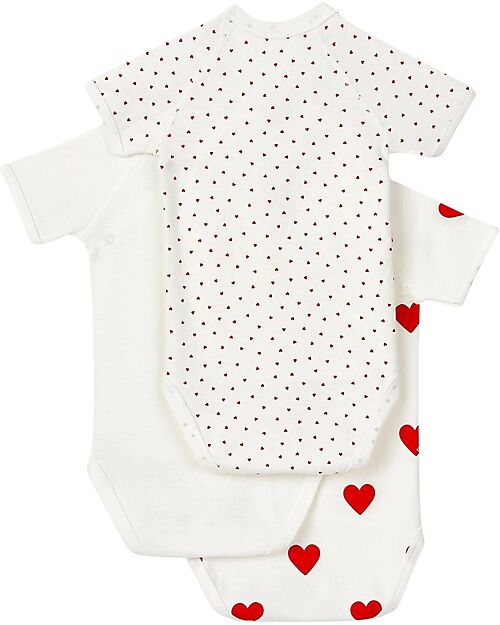 Petit Bateau Short Sleeve Kimono Bodysuit - 3 Pack - Hearts - 100% Organic Cotton Short Sleeves Bodies