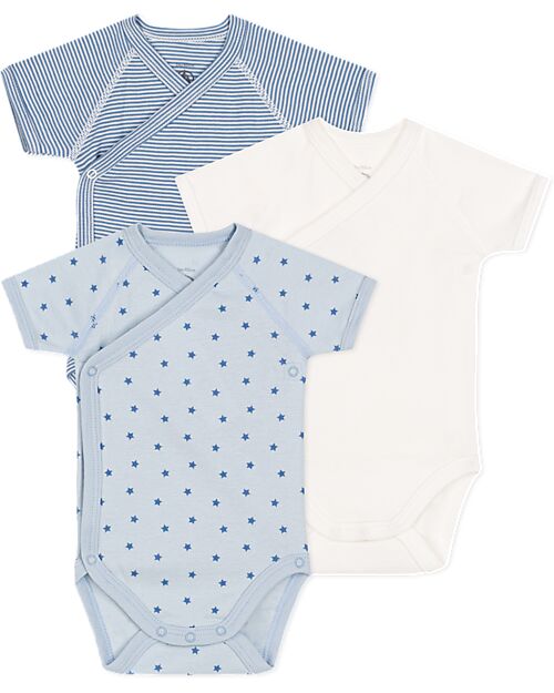 Petit Bateau Short-Sleeve Kimono Bodysuit - Pack of 3 - White and Blue - Stars and Stripes - 100% Cotton Short Sleeves Bodies