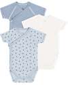 Petit Bateau Short-Sleeve Kimono Bodysuit - Pack of 3 - White and Blue - Stars and Stripes - 100% Cotton Short Sleeves Bodies