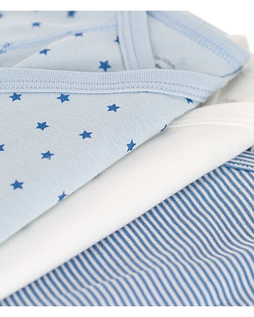 Petit Bateau Short-Sleeve Kimono Bodysuit - Pack of 3 - White and Blue - Stars and Stripes - 100% Cotton Short Sleeves Bodies