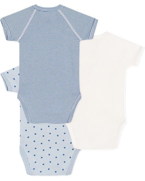 Petit Bateau Short-Sleeve Kimono Bodysuit - Pack of 3 - White and Blue - Stars and Stripes - 100% Cotton Short Sleeves Bodies