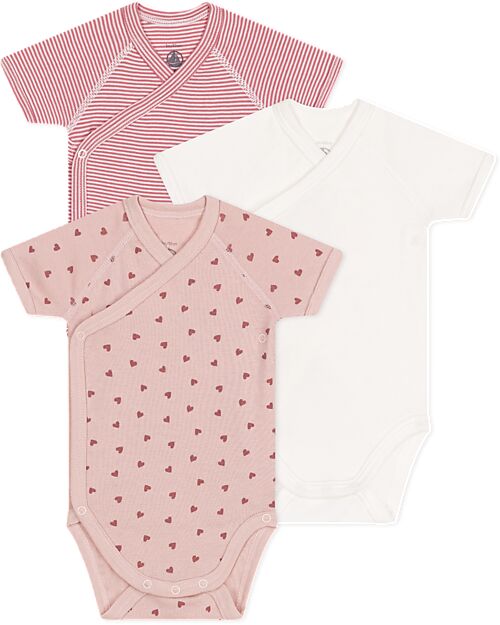 Petit Bateau Short-Sleeve Kimono Bodysuit - Pack of 3 - White and Pink - Hearts and Stripes - 100% Cotton Short Sleeves Bodies