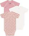Petit Bateau Short-Sleeve Kimono Bodysuit - Pack of 3 - White and Pink - Hearts and Stripes - 100% Cotton Short Sleeves Bodies