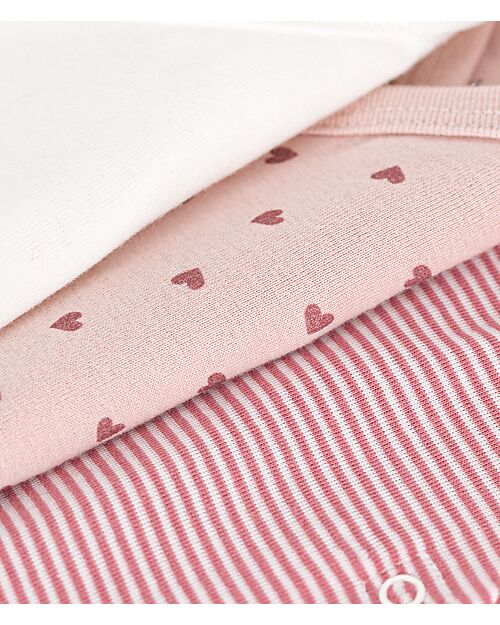 Petit Bateau Short-Sleeve Kimono Bodysuit - Pack of 3 - White and Pink - Hearts and Stripes - 100% Cotton Short Sleeves Bodies