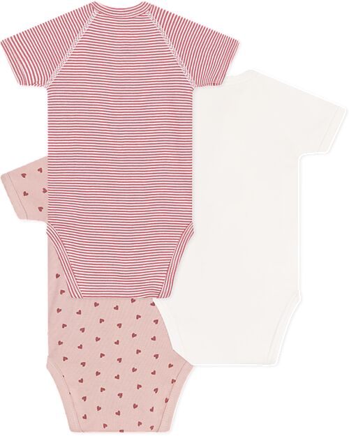 Petit Bateau Short-Sleeve Kimono Bodysuit - Pack of 3 - White and Pink - Hearts and Stripes - 100% Cotton Short Sleeves Bodies