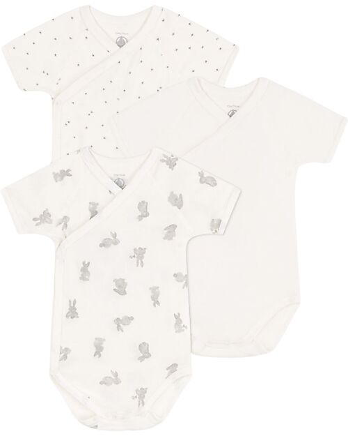 Petit Bateau Short-Sleeve Kimono Bodysuit - Pack of 3 - White - Stars/Rabbits - 100% Cotton Short Sleeves Bodies