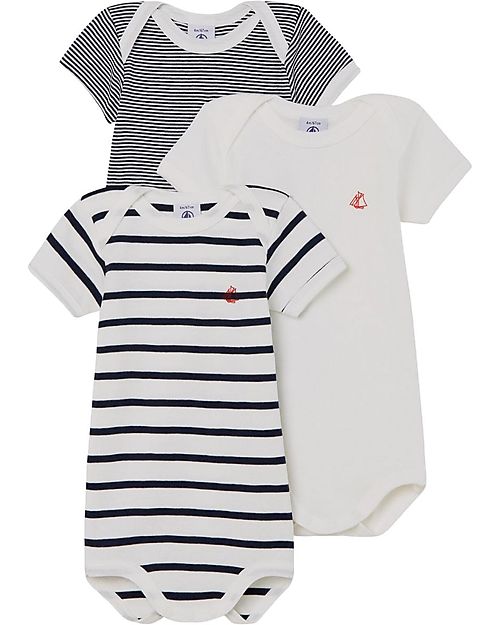 Petit Bateau Short Sleeved Bodysuit, 3-pack - Striped Navy Blue/White - 100% Cotton Short Sleeves Bodies