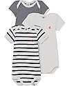 Petit Bateau Short Sleeved Bodysuit, 3-pack - Striped Navy Blue/White - 100% Cotton Short Sleeves Bodies