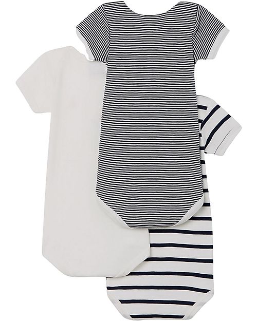Petit Bateau Short Sleeved Bodysuit, 3-pack - Striped Navy Blue/White - 100% Cotton Short Sleeves Bodies