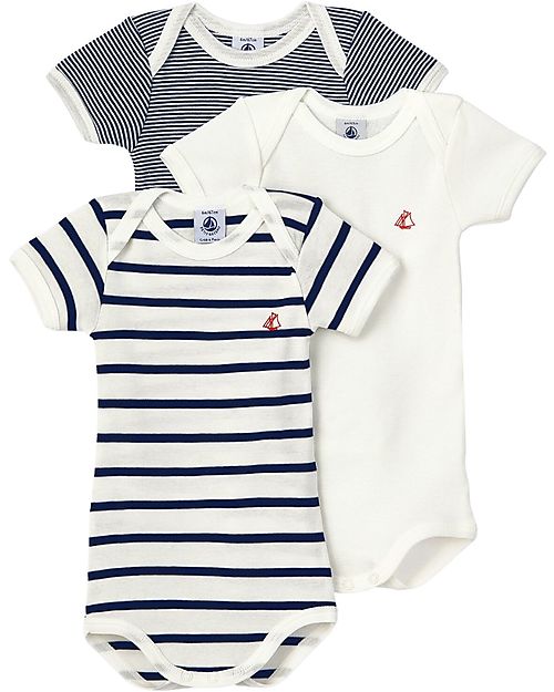 Petit Bateau Short-Sleeved Bodysuit - Pack of 3 - Striped Navy Blue/White - 100% Cotton Short Sleeves Bodies