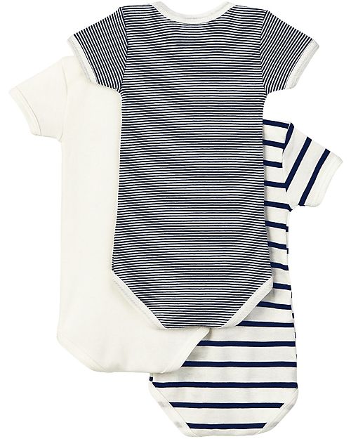 Petit Bateau Short-Sleeved Bodysuit - Pack of 3 - Striped Navy Blue/White - 100% Cotton Short Sleeves Bodies