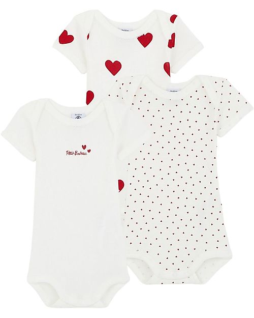 Petit Bateau Short- Sleeved Bodysuit - Pack of 3 - White with Hearts Pattern/White - 100% Cotton Short Sleeves Bodies