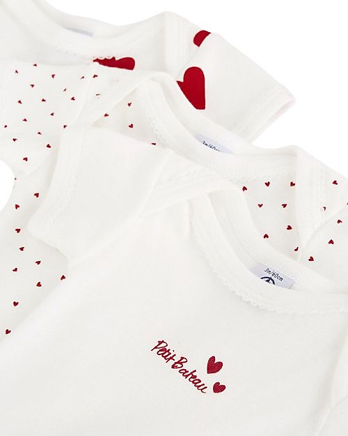 Petit Bateau Short- Sleeved Bodysuit - Pack of 3 - White with Hearts Pattern/White - 100% Cotton Short Sleeves Bodies