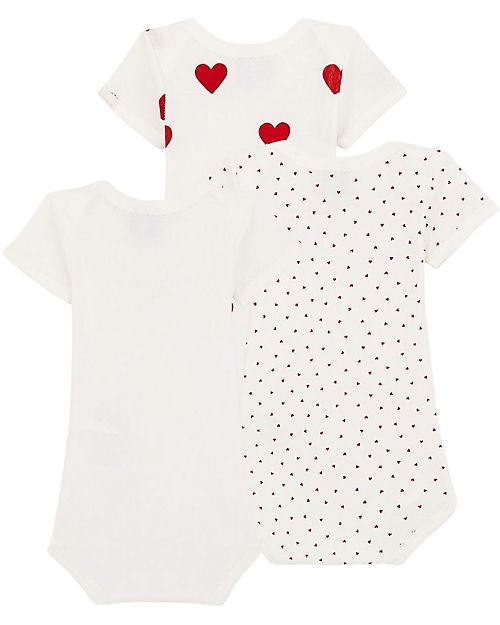 Petit Bateau Short- Sleeved Bodysuit - Pack of 3 - White with Hearts Pattern/White - 100% Cotton Short Sleeves Bodies