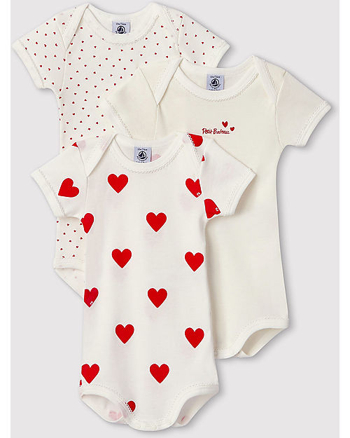Petit Bateau Short- Sleeved Bodysuit - Pack of 3 - White with Hearts Pattern/White - 100% Cotton Short Sleeves Bodies