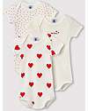 Petit Bateau Short- Sleeved Bodysuit - Pack of 3 - White with Hearts Pattern/White - 100% Cotton Short Sleeves Bodies
