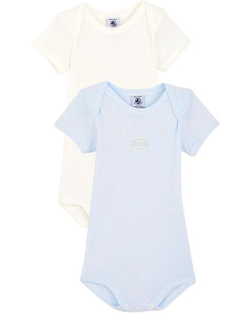 Petit Bateau Short-Sleeved Bodysuits (Set of 2) - Blue and White Stripes - 100% Cotton Short Sleeves Bodies