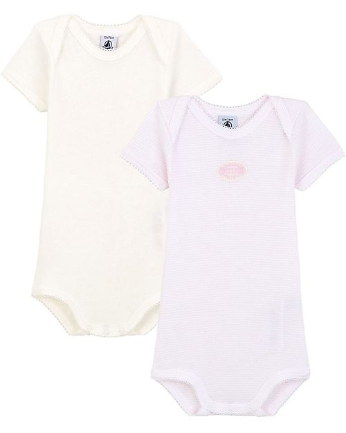 Petit Bateau Short-Sleeved Bodysuits (Set of 2) - Pink and White Stripes - 100% Cotton Short Sleeves Bodies