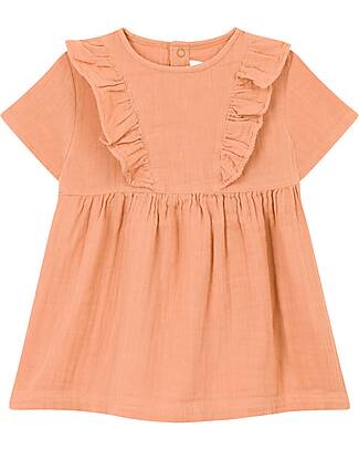 Petit Bateau Short Sleeves Dress - Sienna Pink - with Front Ruffle - 100% Cotton Dresses_