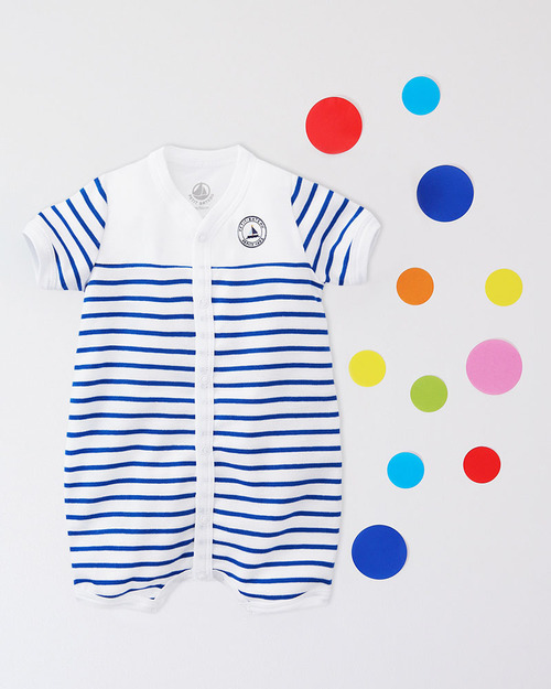 Petit Bateau Short Striped Romper - White and Blue - 100% Cotton Short Rompers