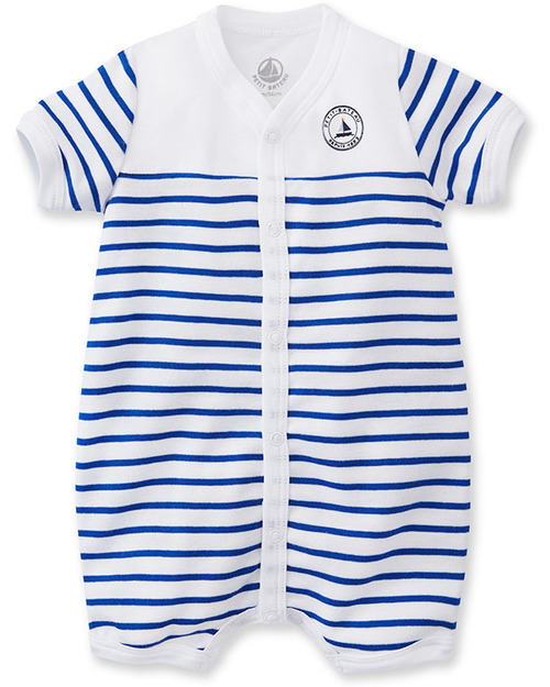 Petit Bateau Short Striped Romper - White and Blue - 100% Cotton Short Rompers