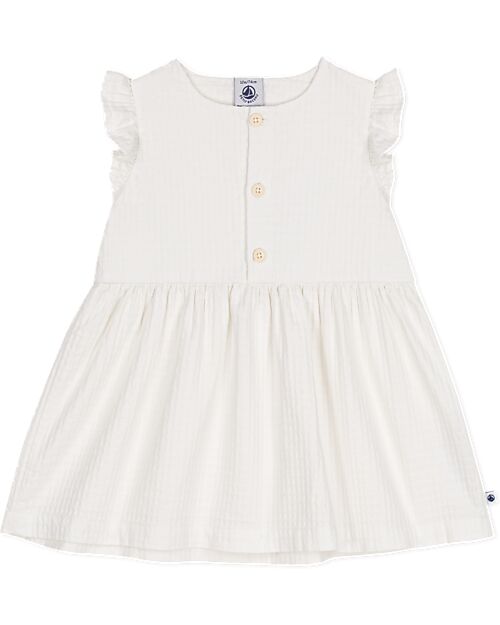 Petit Bateau Sleeveless Dress with Ruffles - White - A-line Cut - Organic Cotton Dresses_