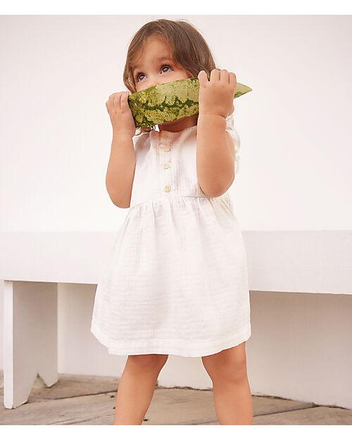 Petit Bateau Sleeveless Dress with Ruffles - White - A-line Cut - Organic Cotton Dresses_