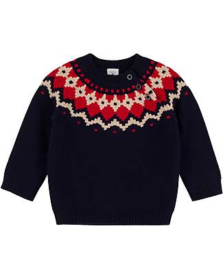 Petit Bateau Sweater Long Sleeve - Smoking Blue/Multicolor White - Wool and Cotton Jumpers