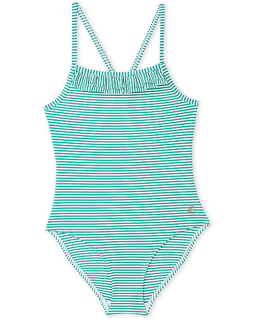 Petit Bateau Swimsuit with Frills - Green/White Stripes Swimsuits