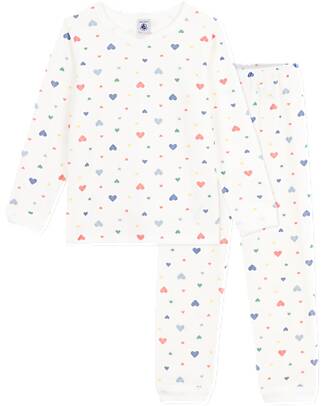 Petit Bateau Velour Pajama Set - Shirt/Pants - Hearts - White - 100% Cotton Pyjamas