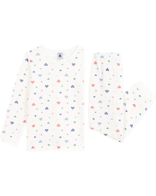 Petit Bateau Velour Pajama Set - Shirt/Pants - Hearts - White - 100% Cotton Pyjamas