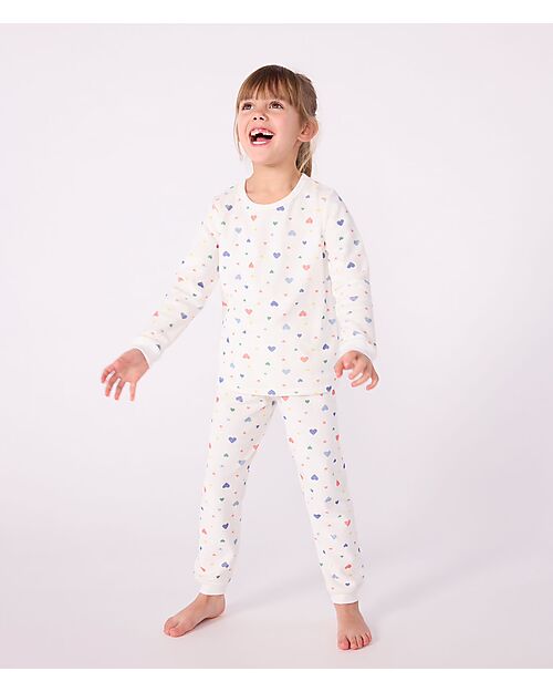 Petit Bateau Velour Pajama Set - Shirt/Pants - Hearts - White - 100% Cotton Pyjamas
