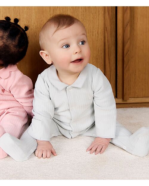 Petit Bateau Velvet Romper with Collar - Grey - 100% Cotton Babygrows