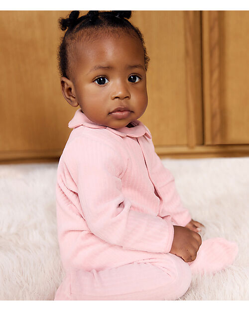 Petit Bateau Velvet Romper with Collar - Pink - 100% Cotton Babygrows