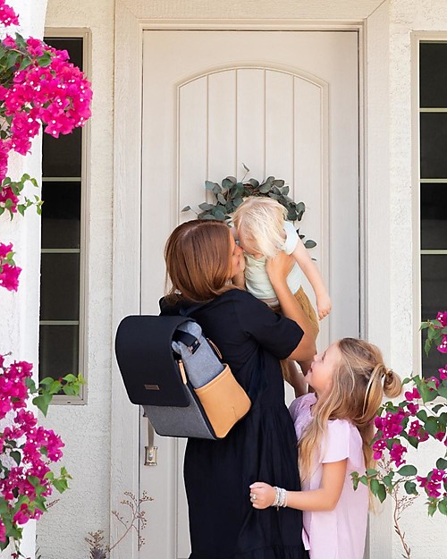 Petunia Pickle Bottom Boxy Backpack - Camel and Graphite - Roomy with Smart Details and Integrated Changing Pad Changing Backpack