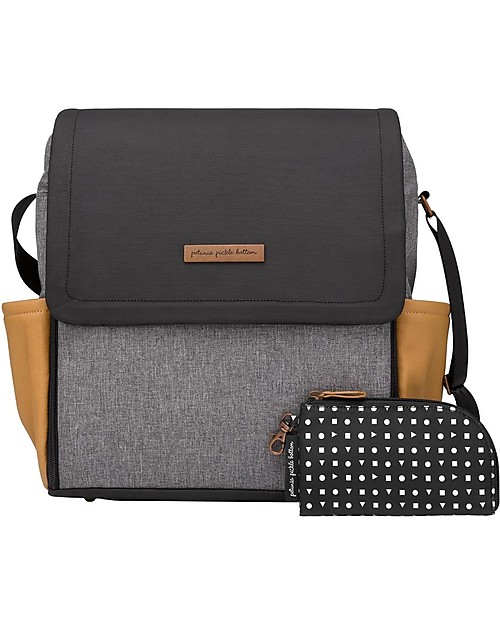 Petunia Pickle Bottom Boxy Backpack - Camel and Graphite - Roomy with Smart Details and Integrated Changing Pad Changing Backpack