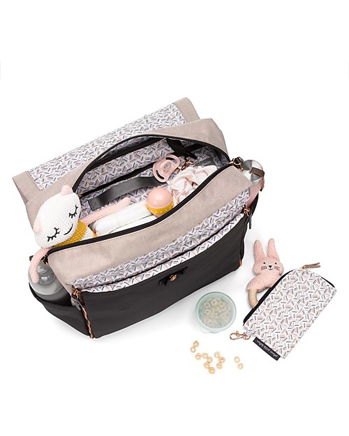 Petunia Pickle Bottom Boxy Backpack - Sand and Black - Roomy with Smart Details and Integrated Changing Pad Changing Backpack