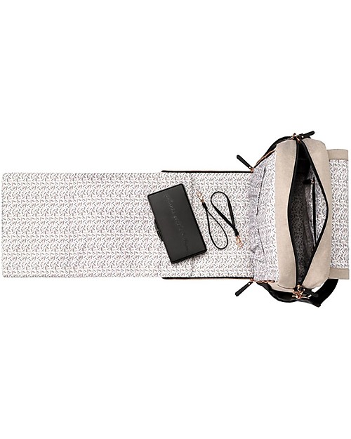 Petunia Pickle Bottom Boxy Backpack - Sand and Black - Roomy with Smart Details and Integrated Changing Pad Changing Backpack