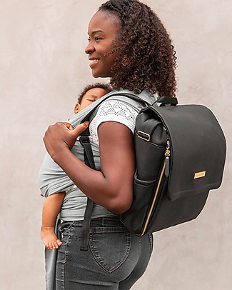 Petunia Pickle Bottom Diaper Boxy Backpack - Black Leatherette - Includes Foldable Changing Mat Backpack