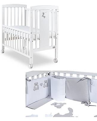 Picci Bedroom Set - Lella Crudle with Mattress included + Textile Set - White and Grey Bear Next To Me Cribs