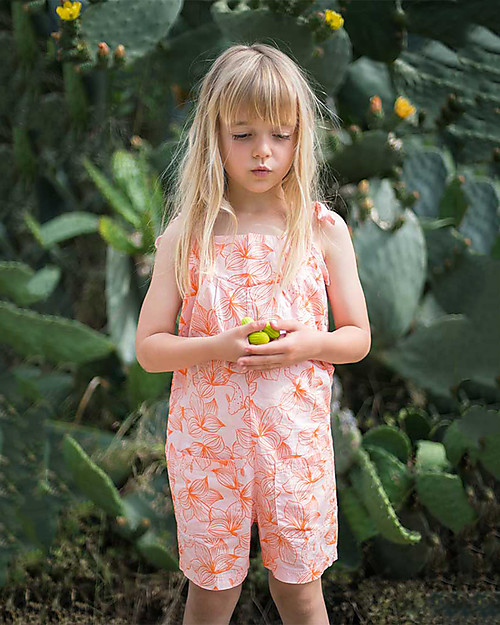 Picnik Girl's Short Jumpsuit, Pink/Flowers - 100% cotton Short Rompers