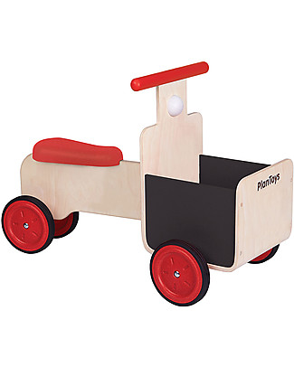PlanToys Delivery Bike, Wooden Bike with Storage Container and Chalkboard Details - 18 months/5 years Wooden Push & Pull Toys