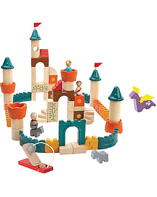 PlanToys Fantasy Wooden Blocks - 60 pieces, including prince and princess! Building Blocks