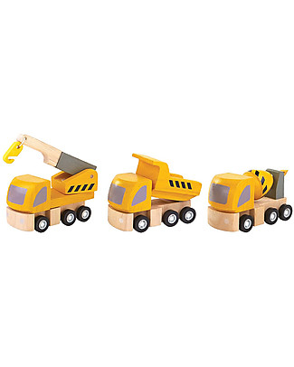 PlanToys Highway Maintenance: Crane, Dump Truck and Cement Mixer Wooden Toy Cars, Trains & Trucks