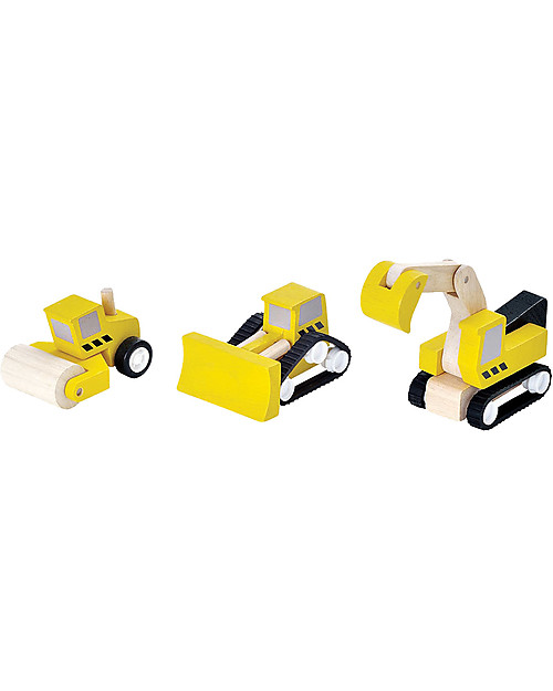 PlanToys Road Construction Set: Bulldozer, Steam Roller and Excavator Wooden Toy Cars, Trains & Trucks