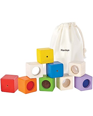PlanToys Wooden Activity Blocks - Visual, Auditory and Tactile Development Building Blocks